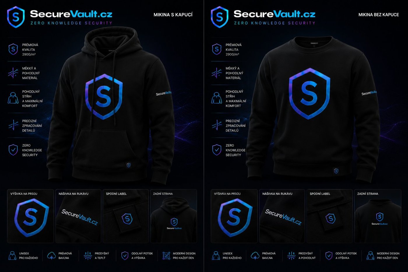 SecureVault Mikiny — Mikina s kapucí & Mikina bez kapuce